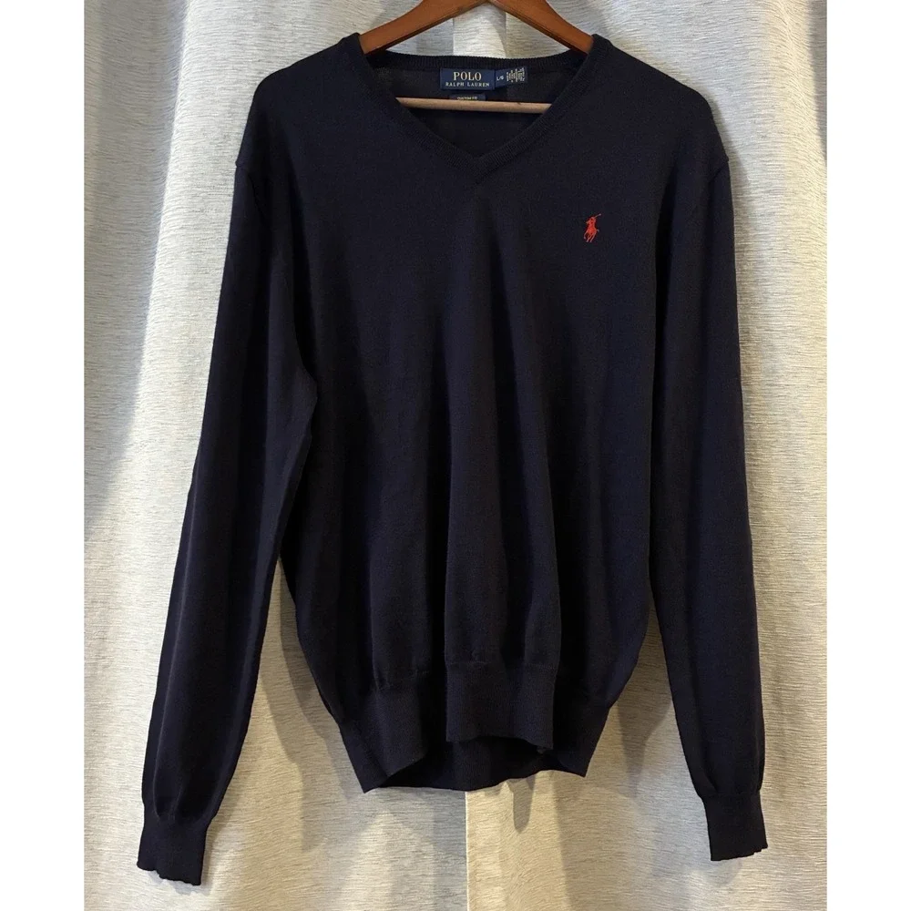 Polo‎ Ralph Lauren Men's Size Large V-Neck Navy  Sweater Pony Logo Merino Wool